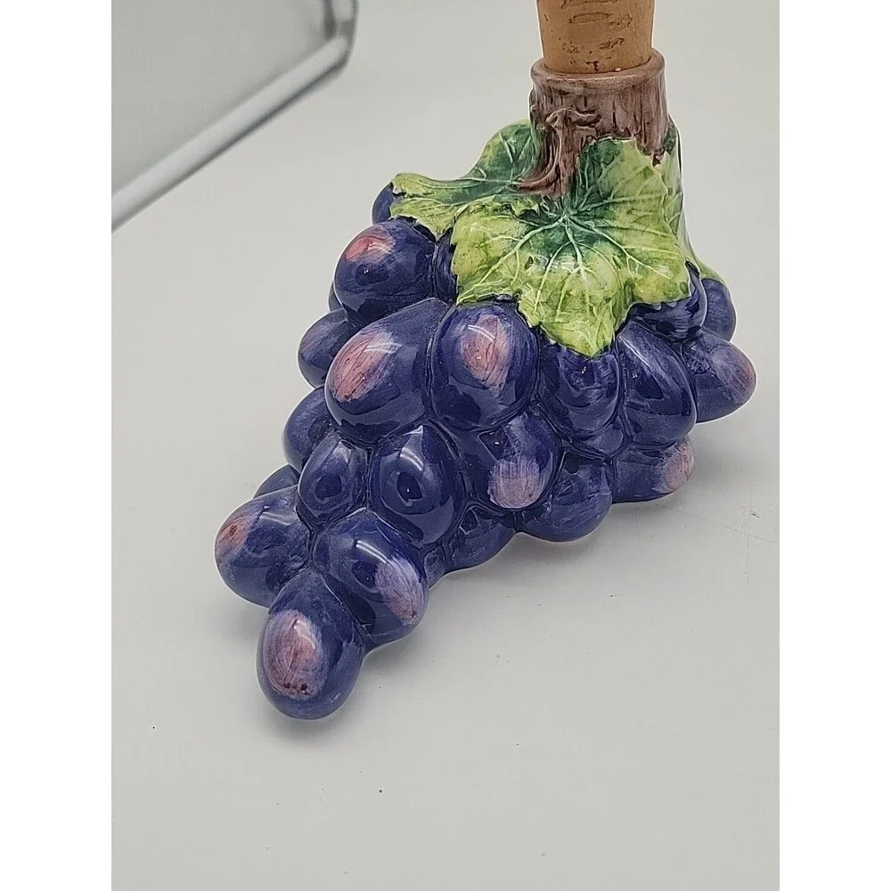 Mid Century Vintage Hand Painted Ceramic Grape Cluster Cork Wine Decanters Italy